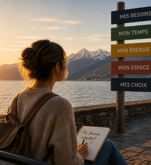 Femme face à un lac et des montagnes, écrivant dans un carnet près de panneaux indiquant ses besoins, son temps, son énergie, son espace et ses choix.