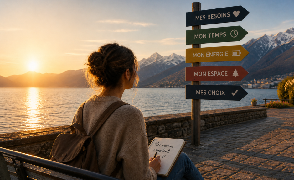 Femme face à un lac et des montagnes, écrivant dans un carnet près de panneaux indiquant ses besoins, son temps, son énergie, son espace et ses choix.