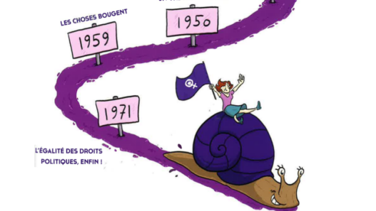 Illustration d’un escargot avançant vers 1971, symbole du long chemin vers le droit de vote des femmes en Suisse.