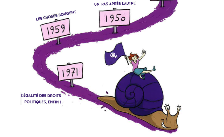 Illustration d’un escargot avançant vers 1971, symbole du long chemin vers le droit de vote des femmes en Suisse.