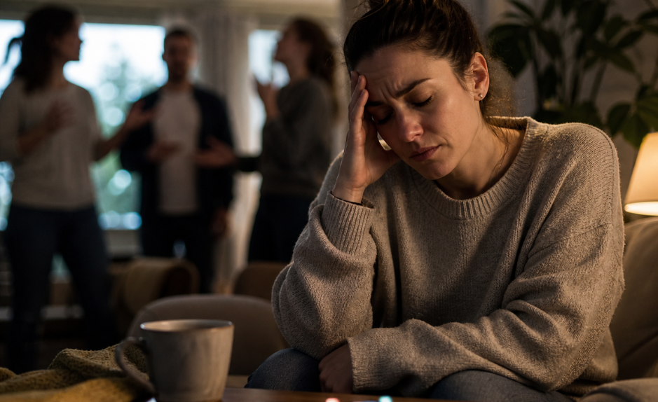 Femme épuisée se tenant la tête pendant qu’un groupe discute en arrière-plan, illustrant la fatigue émotionnelle et le besoin de poser des limites.