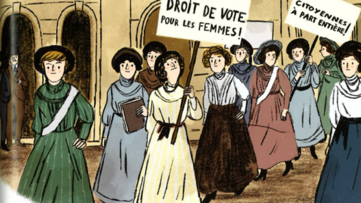 Illustration de femmes manifestant pour le droit de vote des femmes, tirée du livre La Suisse en 15 femmes