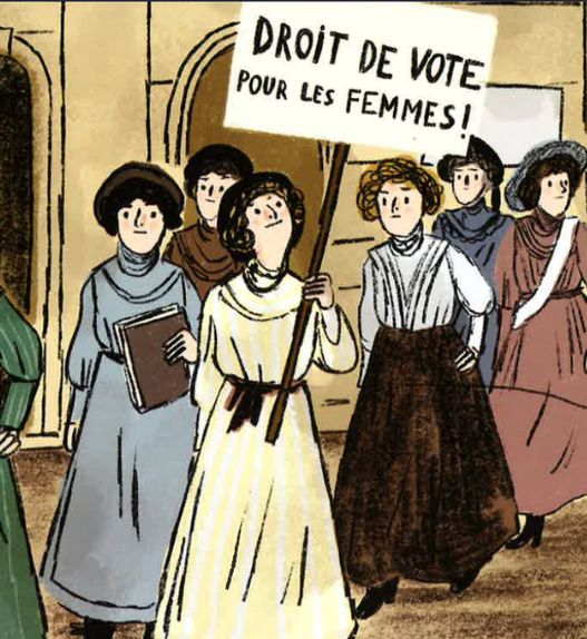 Illustration de femmes manifestant pour le droit de vote des femmes, tirée du livre La Suisse en 15 femmes
