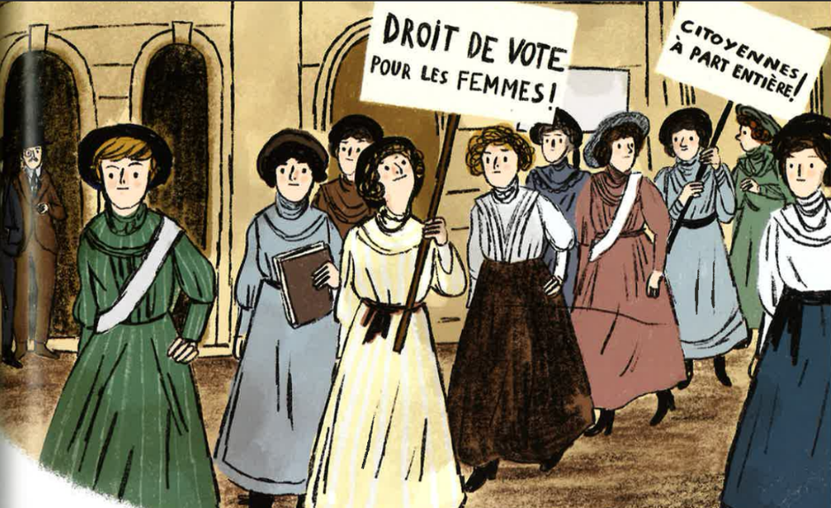 Illustration de femmes manifestant pour le droit de vote des femmes, tirée du livre La Suisse en 15 femmes