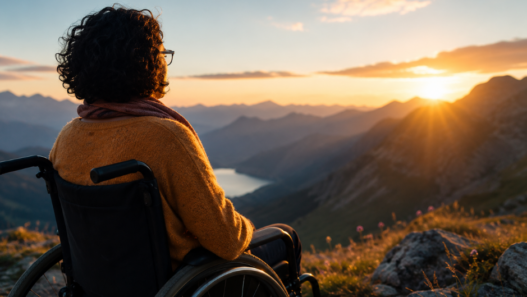 Julie champenois en fauteuil roulant contemplant un coucher de soleil sur les montagnes.