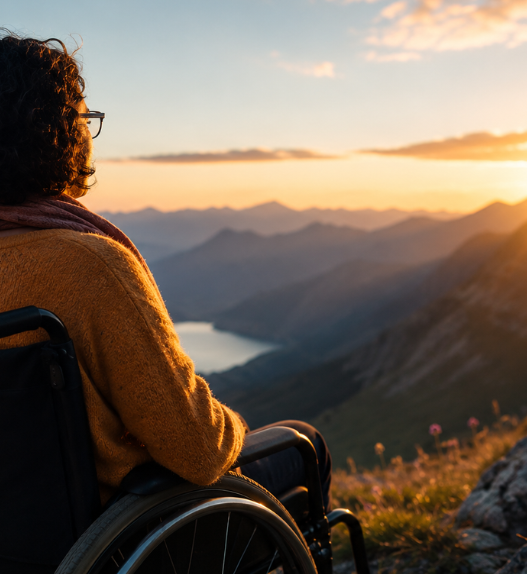 Julie champenois en fauteuil roulant contemplant un coucher de soleil sur les montagnes.