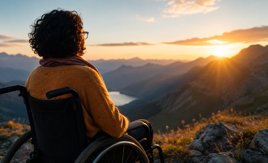 Julie champenois en fauteuil roulant contemplant un coucher de soleil sur les montagnes.