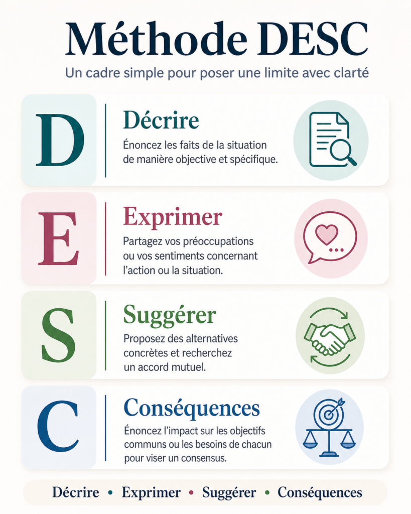 Infographie présentant la méthode DESC pour poser une limite avec clarté : décrire, exprimer, suggérer et énoncer les conséquences.