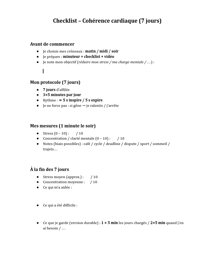 Checklist imprimable pour tester la cohérence cardiaque pendant 7 jours avec protocole, mesures de stress et concentration.