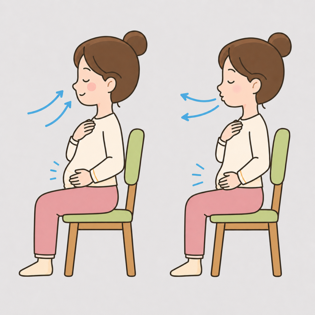 Illustration d’un exercice de respiration avec inspiration et expiration en position assise, pour pratiquer la cohérence cardiaque.