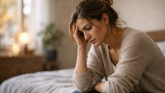 Femme pensive assise sur un lit, symbole du doute de soi et du chemin pour reprendre confiance en soi.