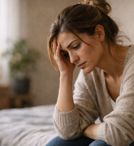 Femme pensive assise sur un lit, symbole du doute de soi et du chemin pour reprendre confiance en soi.