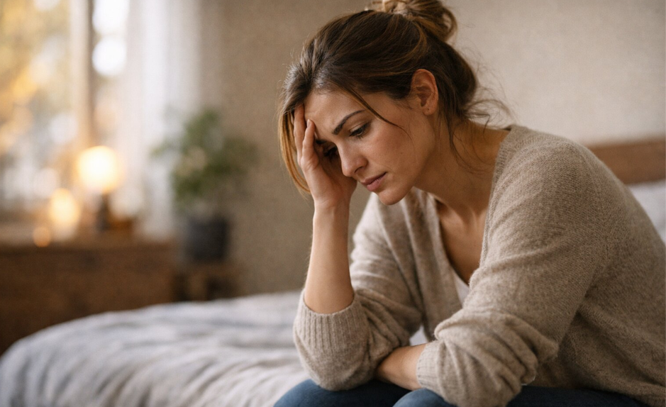 Femme pensive assise sur un lit, symbole du doute de soi et du chemin pour reprendre confiance en soi.