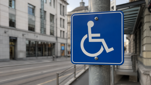 Panneau bleu avec pictogramme PMR fixé sur un poteau dans une rue urbaine suisse, signalant un accès adapté aux personnes à mobilité réduite.