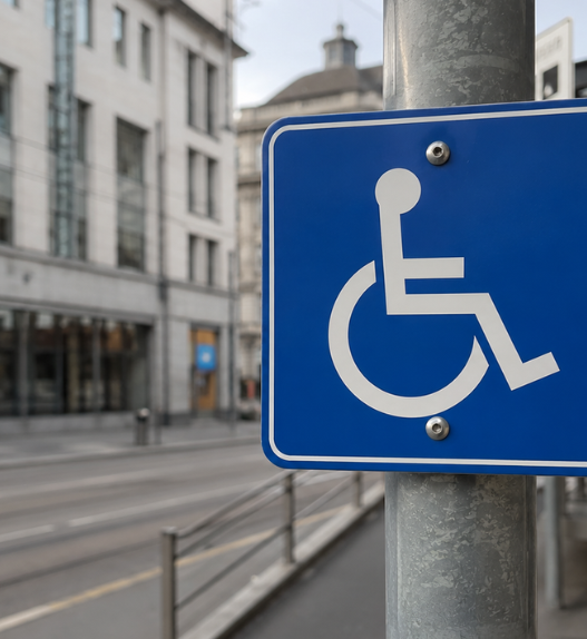 Panneau bleu avec pictogramme PMR fixé sur un poteau dans une rue urbaine suisse, signalant un accès adapté aux personnes à mobilité réduite.