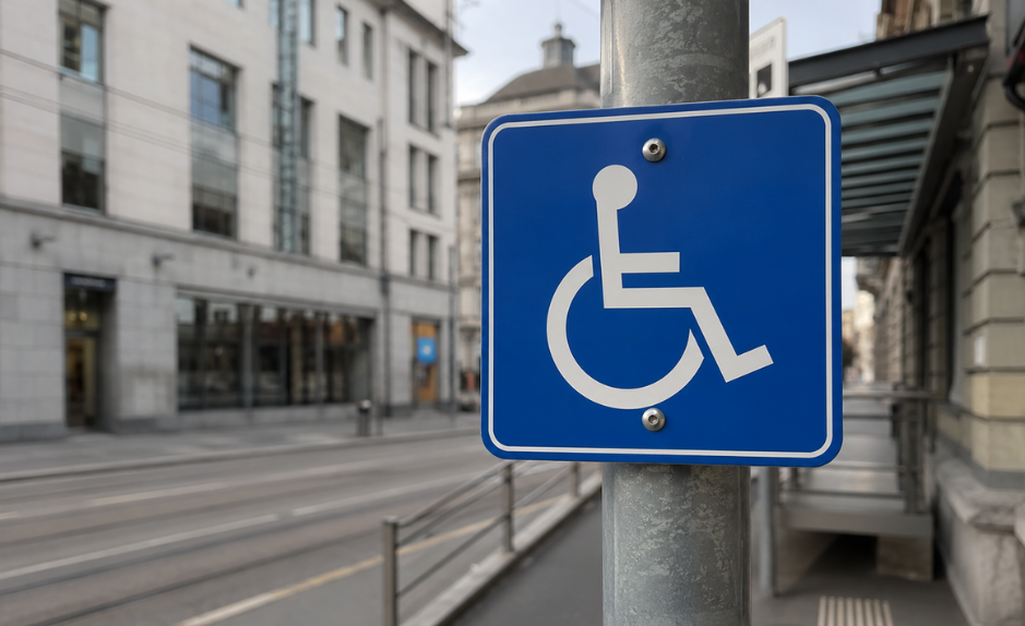 Panneau bleu avec pictogramme PMR fixé sur un poteau dans une rue urbaine suisse, signalant un accès adapté aux personnes à mobilité réduite.