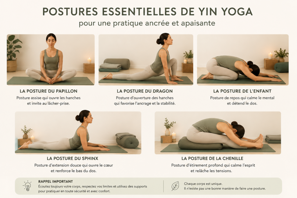 Infographie présentant cinq postures essentielles de Yin Yoga : papillon, dragon, enfant, sphinx et chenille.
