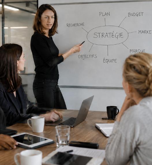 Femmes en réunion professionnelle échangeant autour d’une stratégie, illustration de la sororité en entreprise et du soutien entre collègues.