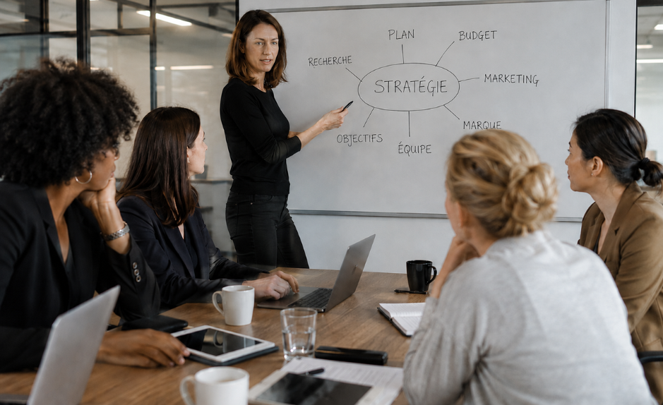 Femmes en réunion professionnelle échangeant autour d’une stratégie, illustration de la sororité en entreprise et du soutien entre collègues.