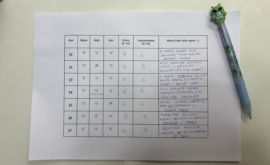 Tableau de suivi rempli à la main pour un test de cohérence cardiaque sur 7 jours, avec sessions matin midi soir, scores de stress et concentration.