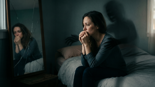 Femme assise sur un lit, pensive, face à un miroir fissuré, illustrant les signes d’une violence psychologique dans le couple.