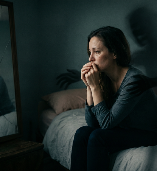 Femme assise sur un lit, pensive, face à un miroir fissuré, illustrant les signes d’une violence psychologique dans le couple.