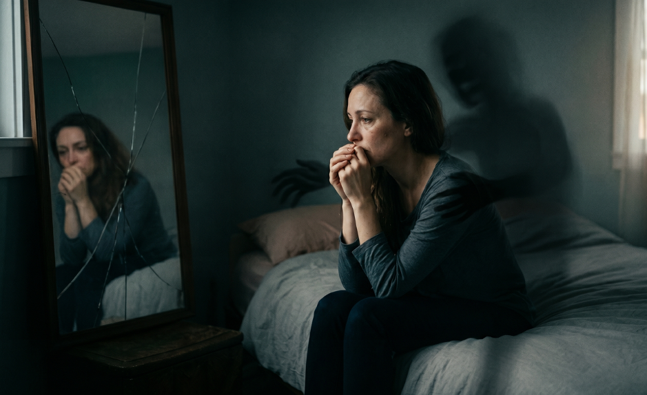 Femme assise sur un lit, pensive, face à un miroir fissuré, illustrant les signes d’une violence psychologique dans le couple.