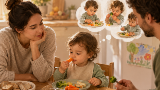 Un jeune enfant découvre des légumes à son rythme pendant un repas en famille, sous le regard bienveillant de ses parents.