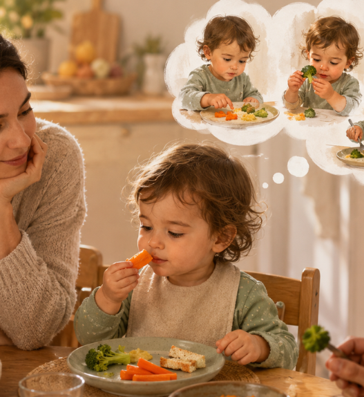 Un jeune enfant découvre des légumes à son rythme pendant un repas en famille, sous le regard bienveillant de ses parents.