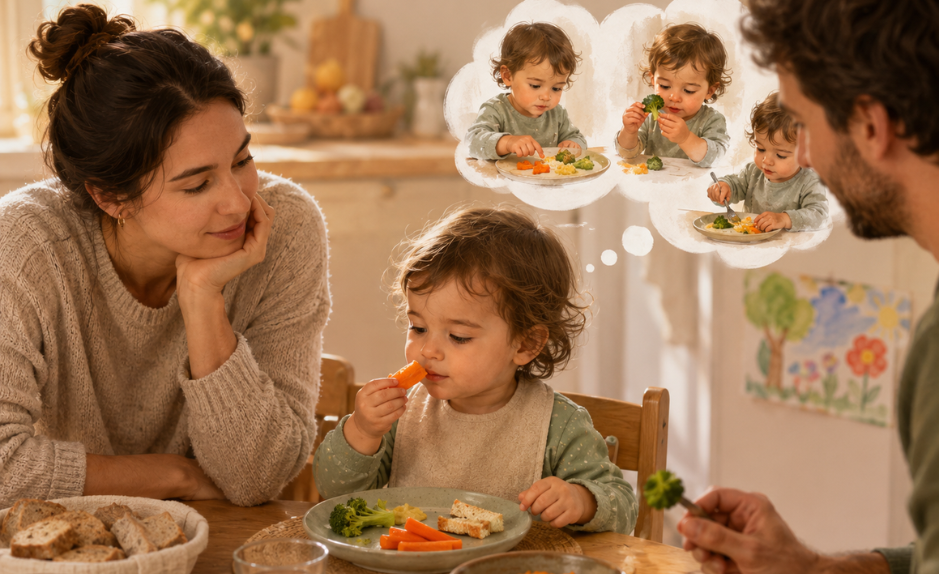 Un jeune enfant découvre des légumes à son rythme pendant un repas en famille, sous le regard bienveillant de ses parents.