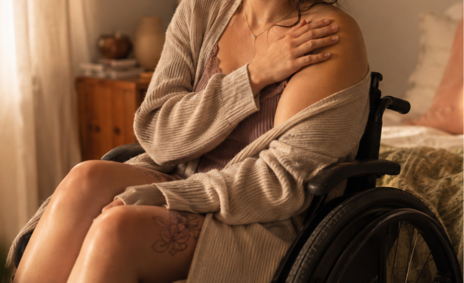 Femme assise dans un fauteuil roulant, une main posée sur l’épaule, dans une chambre à l’ambiance intime.