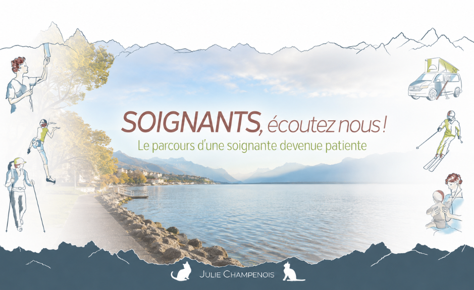 Bannière du livre Soignants, écoutez-nous ! de Julie Champenois, avec un paysage de lac et de montagnes entouré d’illustrations liées à son parcours.