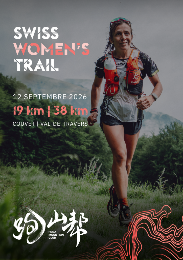 Affiche du Swiss Women’s Trail 2026 à Couvet avec une traileuse et les parcours de 19 km et 38 km