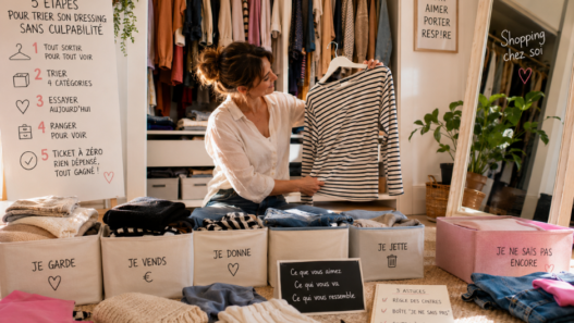 Femme triant ses vêtements devant un dressing organisé, avec cinq catégories : je garde, je vends, je donne, je jette et je ne sais pas encore.