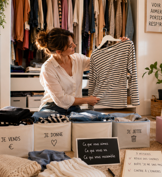 Femme triant ses vêtements devant un dressing organisé, avec cinq catégories : je garde, je vends, je donne, je jette et je ne sais pas encore.