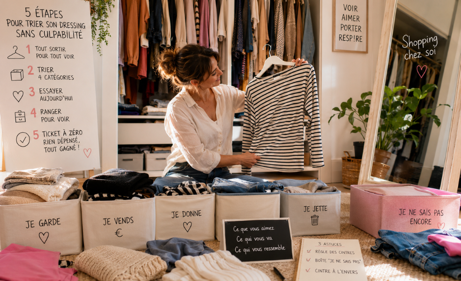 Femme triant ses vêtements devant un dressing organisé, avec cinq catégories : je garde, je vends, je donne, je jette et je ne sais pas encore.
