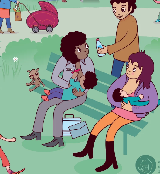 Mère allaitant son bébé dans un parc, entourée de familles, à l’occasion de la Semaine mondiale de l’allaitement 2026 en Suisse.