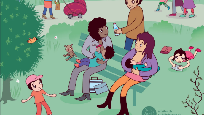 Mère allaitant son bébé dans un parc, entourée de familles, à l’occasion de la Semaine mondiale de l’allaitement 2026 en Suisse.