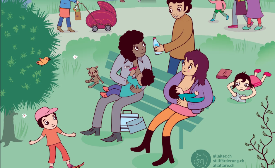 Mère allaitant son bébé dans un parc, entourée de familles, à l’occasion de la Semaine mondiale de l’allaitement 2026 en Suisse.