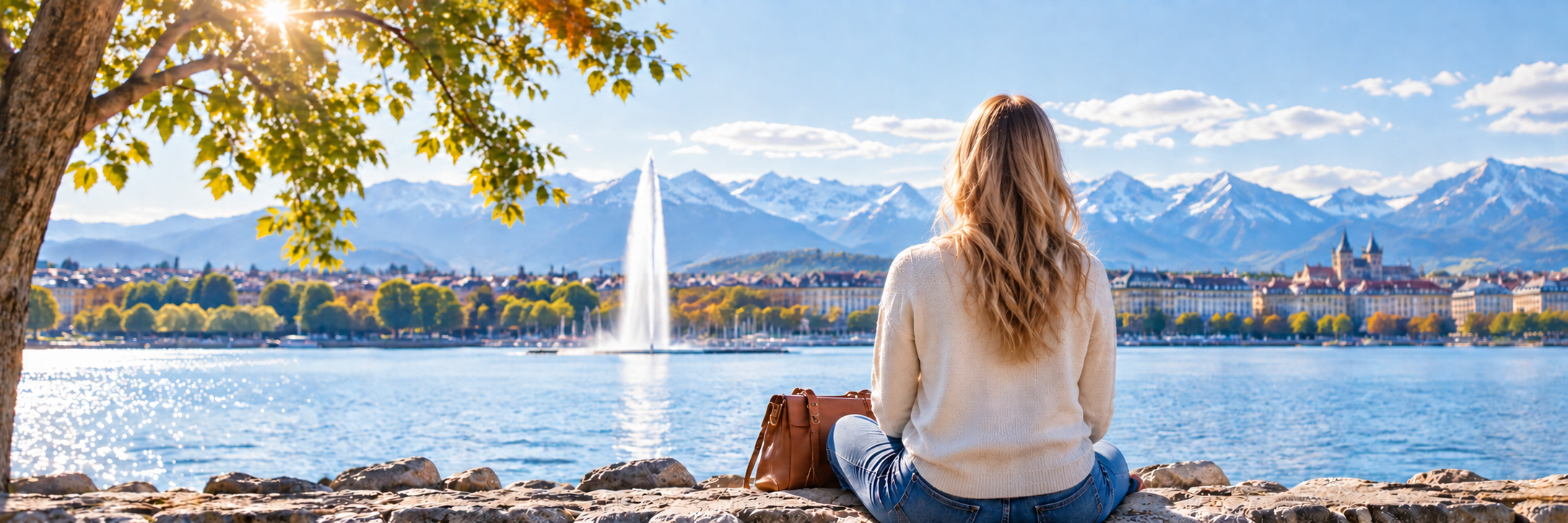 Femme blonde assise face au lac Léman et au Jet d’Eau à Genève
