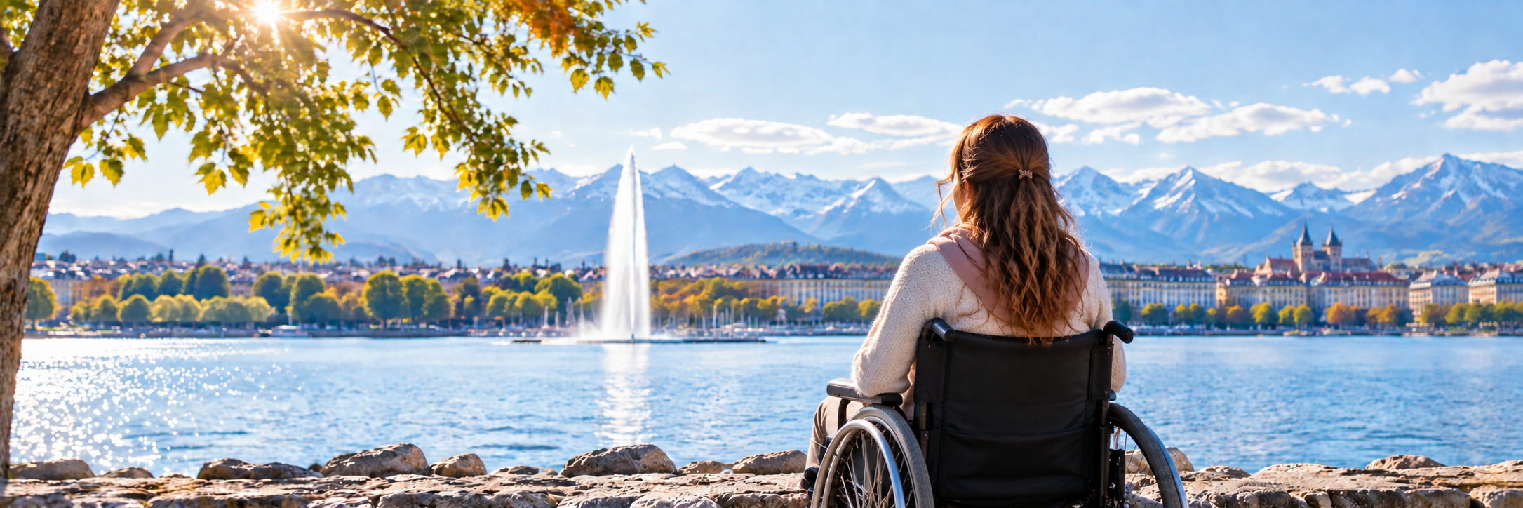Femme en fauteuil roulant face au lac Léman et au Jet d’Eau à Genève