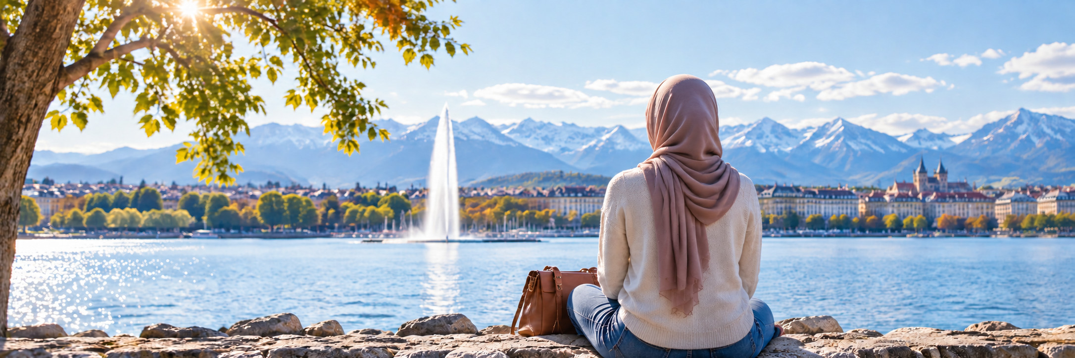 Femme portant un hijab assise face au lac Léman et au Jet d’Eau à Genève