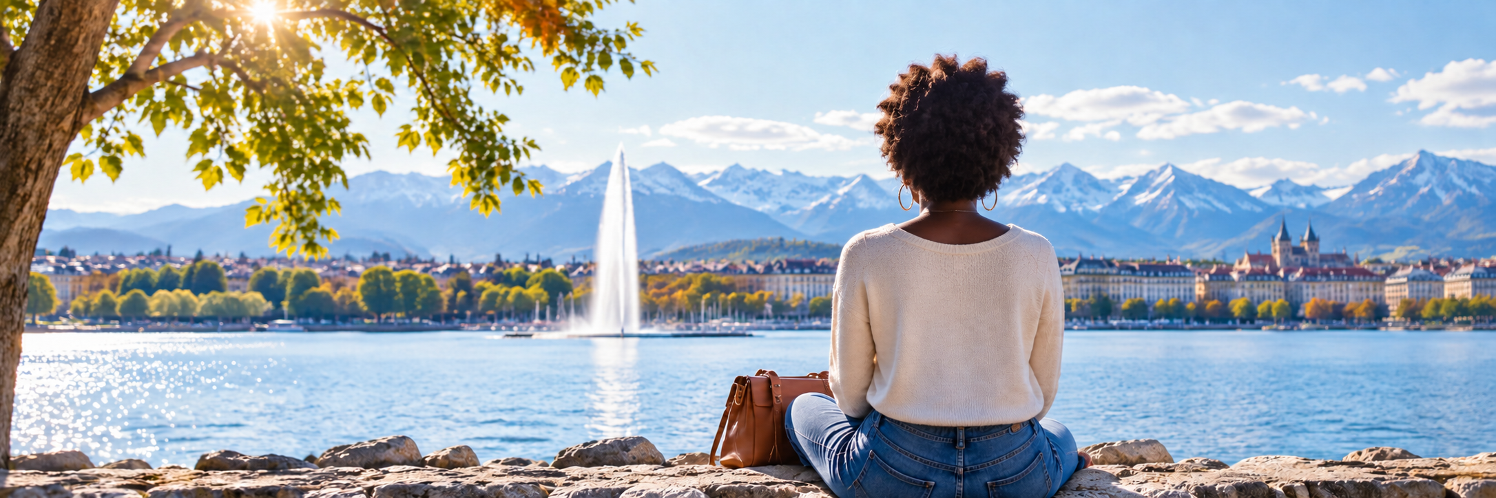 Femme noire aux cheveux afro assise face au lac Léman et au Jet d’Eau à Genève