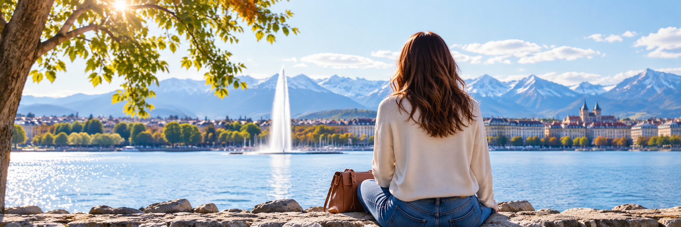 Une femme face au lac Léman et aux montagnes en Suisse romande