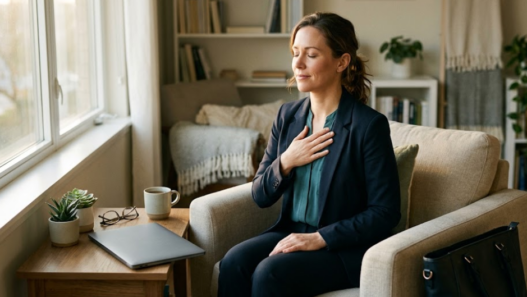 Femme active prenant un moment de reconnexion à soi et de calme à la maison