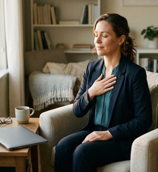 Femme active prenant un moment de reconnexion à soi et de calme à la maison