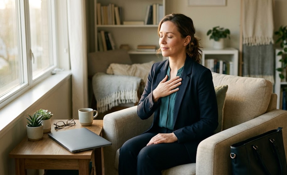 Femme active prenant un moment de reconnexion à soi et de calme à la maison