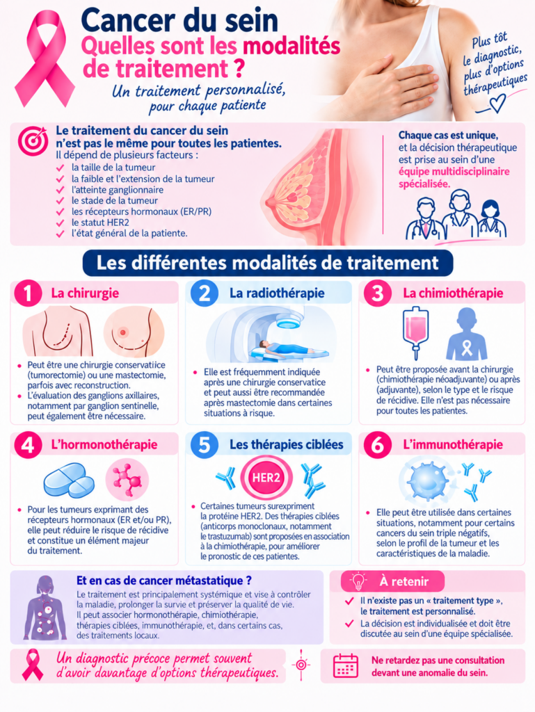 Infographie présentant les six principales modalités de traitement du cancer du sein : chirurgie, radiothérapie, chimiothérapie, hormonothérapie, thérapies ciblées et immunothérapie.