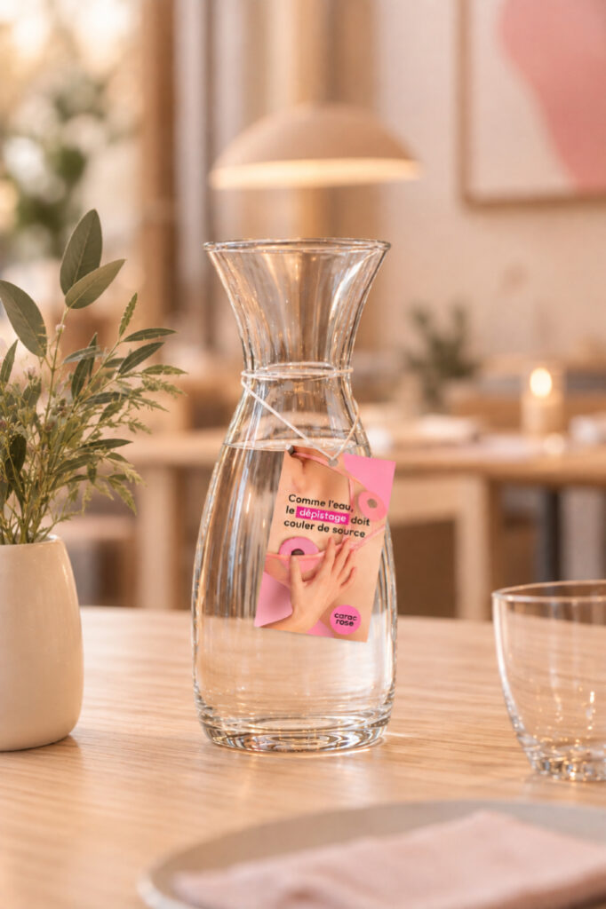 Carafe d’eau avec un support de sensibilisation de la campagne Carafe Rose pour Octobre Rose.
