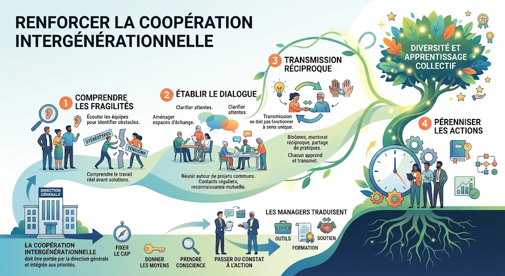 Infographie présentant quatre étapes pour renforcer la coopération intergénérationnelle au travail : comprendre les fragilités, établir le dialogue, favoriser la transmission réciproque et pérenniser les actions.